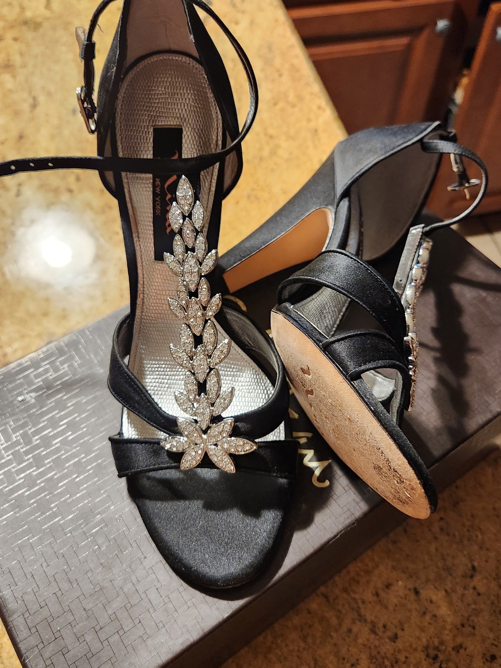 Nina Black Satin T-Strap Heels with Crystal Leaf Accent